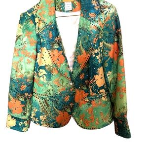 Seandara Green Floral Womens Vtg Jacket Sz XS Embellished Fully Lined Retro